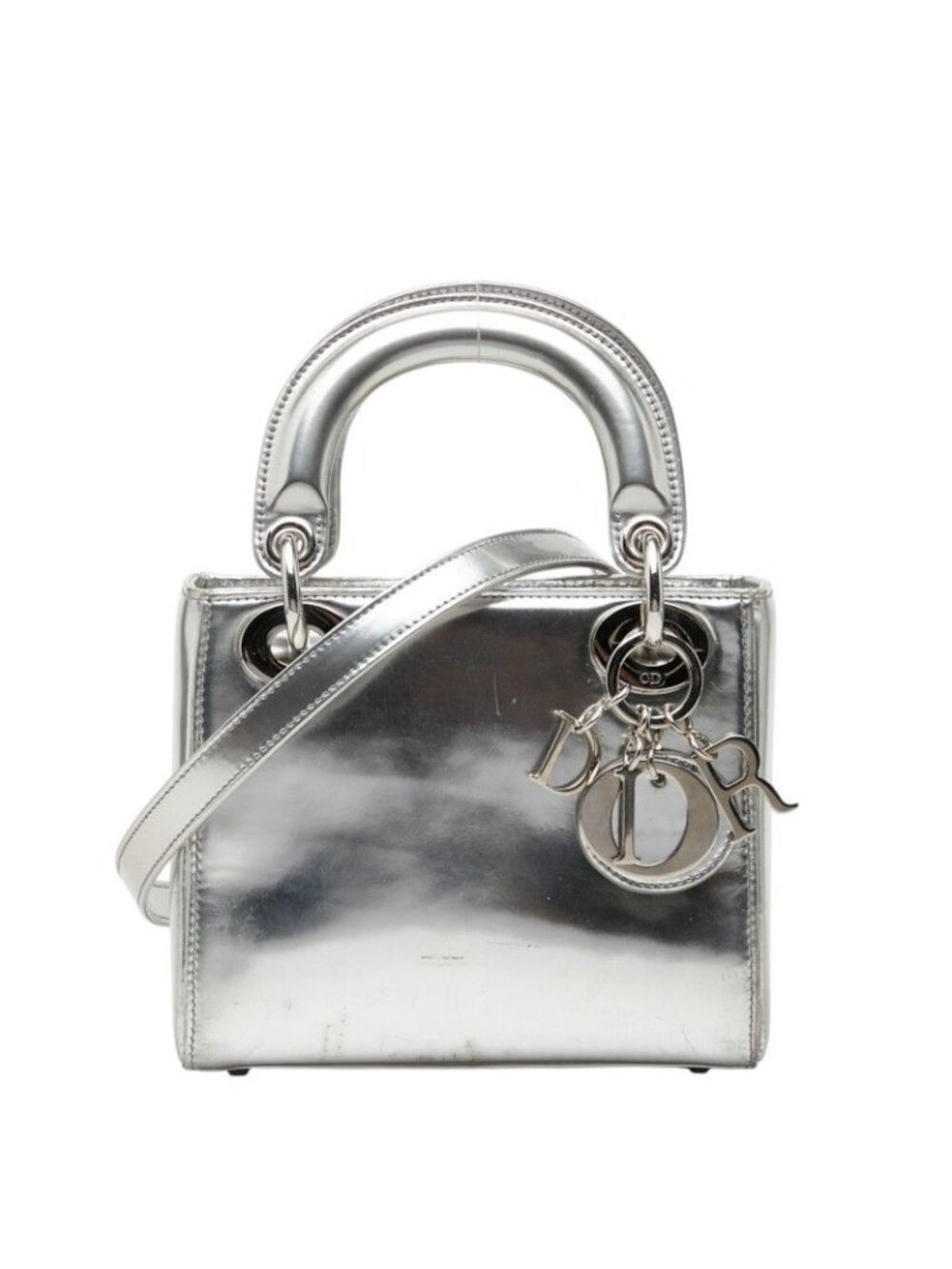 Dior Lady Dior Mini 2-Way Shoulder Bag Silver Patent Leather